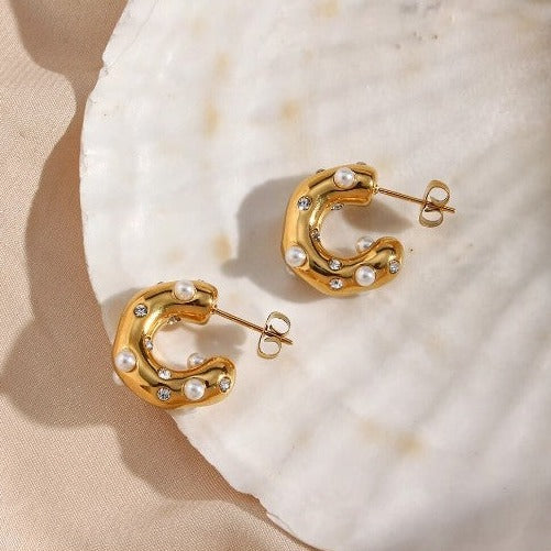 Pearl Embellished Gold Hoops