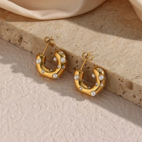 Pearl Embellished Gold Hoops