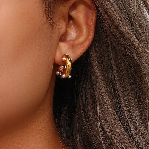Pearl Embellished Gold Hoops
